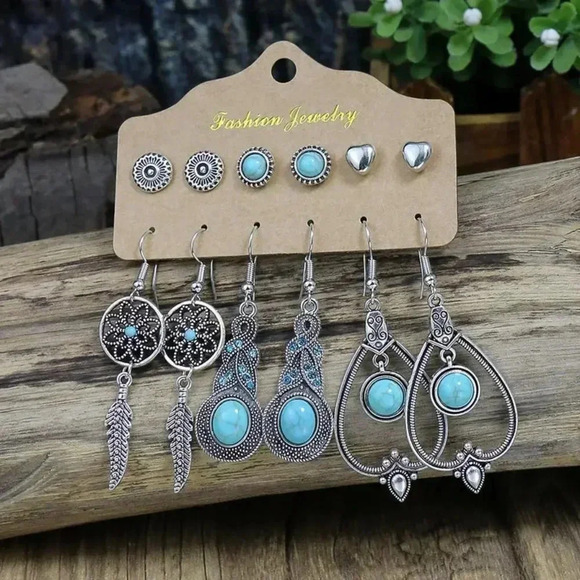 6 Pair Antique Silver Finish Retro Style Turquoise Tassel and Stud Earrings - Picture 1 of 1